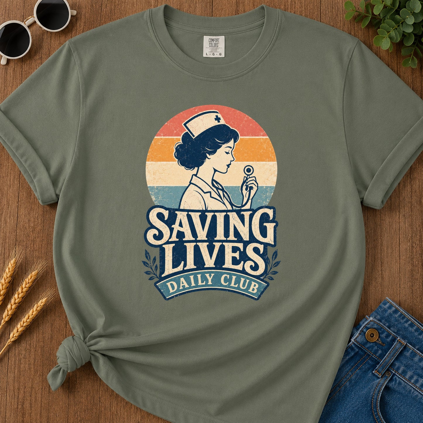 Saving Lives Daily Club 286 T-Shirt - Moss Mockup
