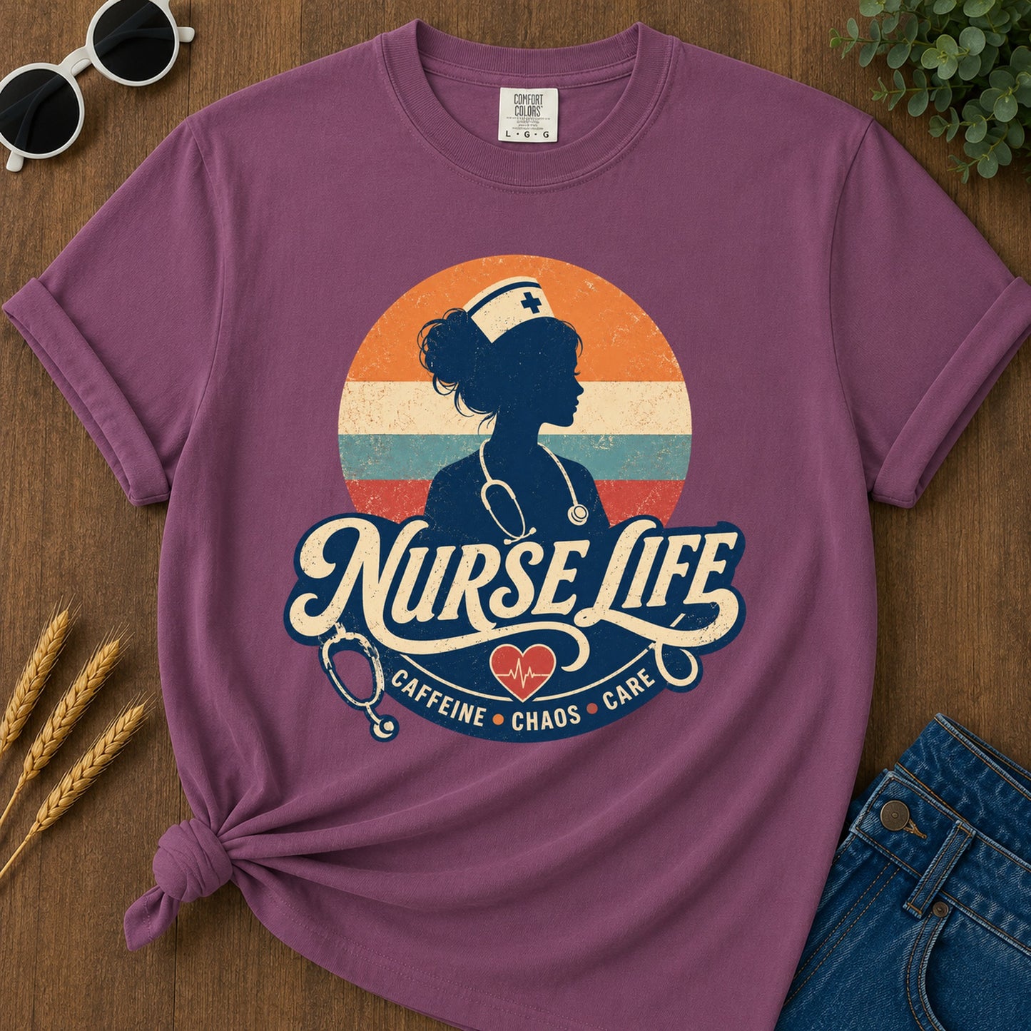 Nurse Life Caffeine Chaos Care T-Shirt - Berry Mockup