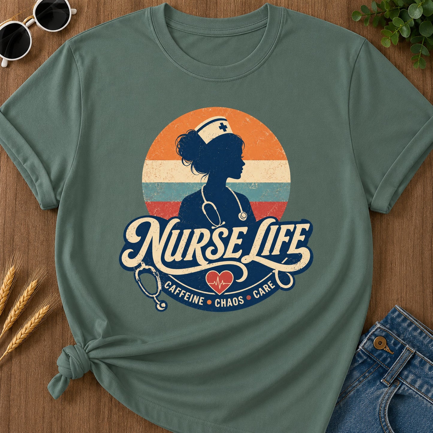 Nurse Life Caffeine Chaos Care T-Shirt - Blue Spruce Mockup