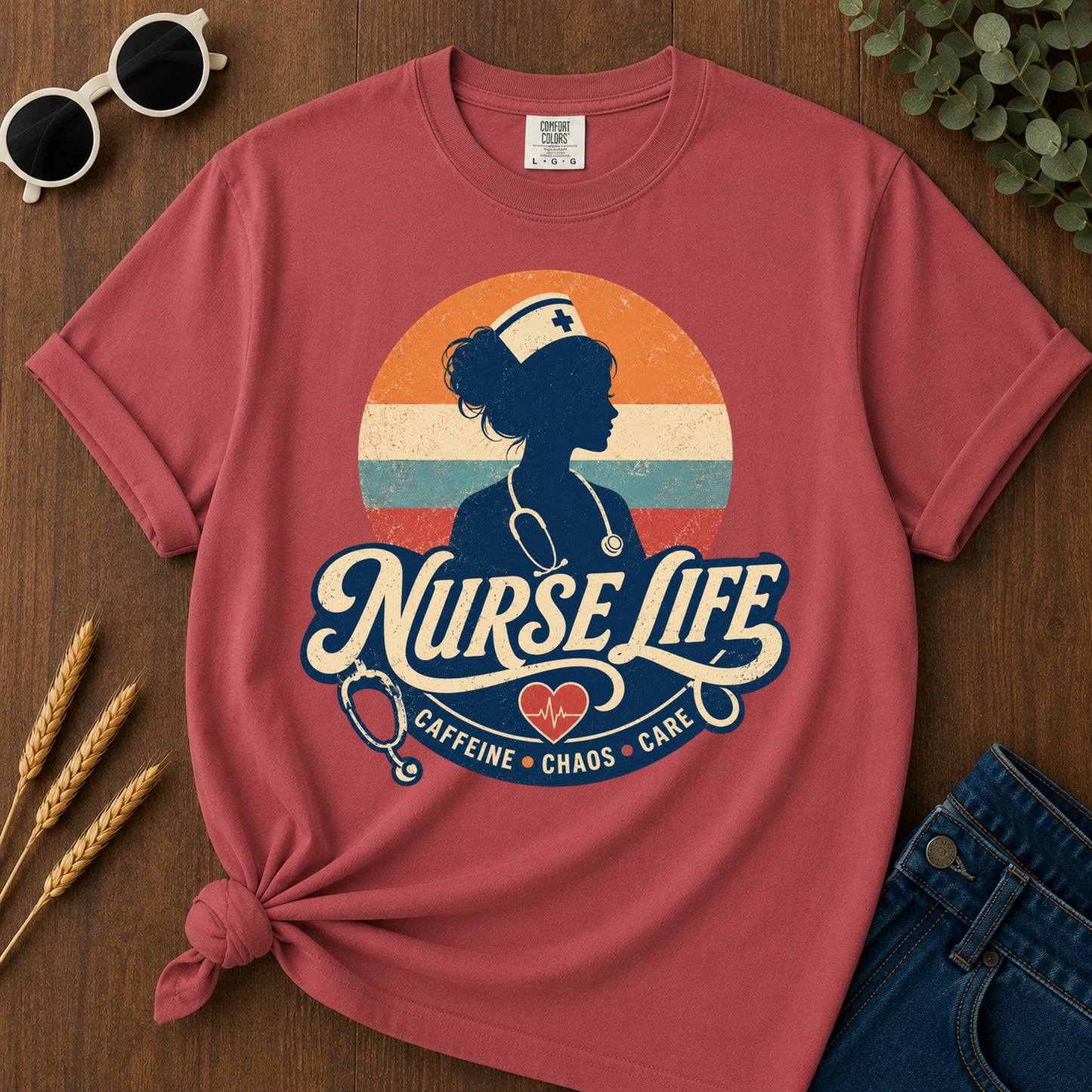 Nurse Life Caffeine Chaos Care T-Shirt - Crimson Mockup