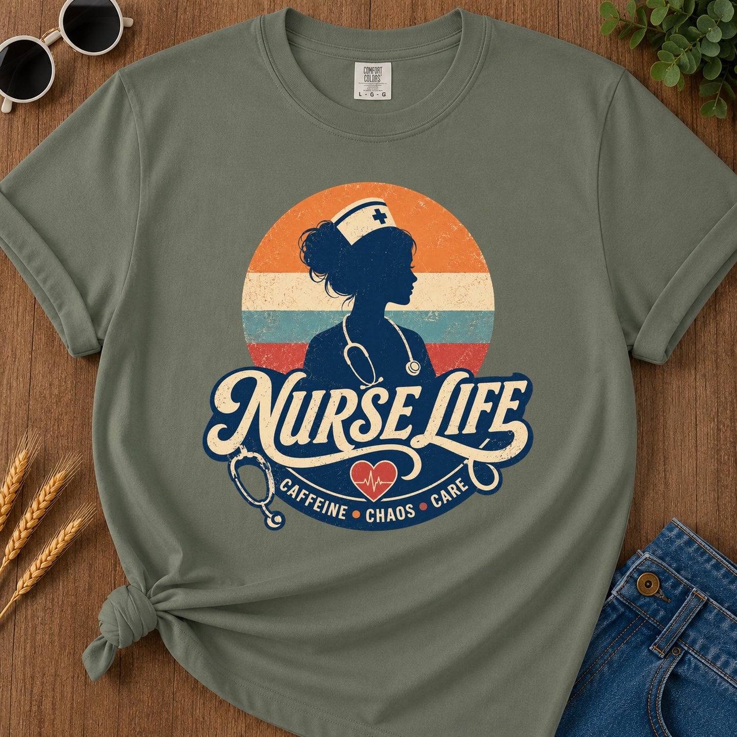 Nurse Life Caffeine Chaos Care T-Shirt - Moss Mockup