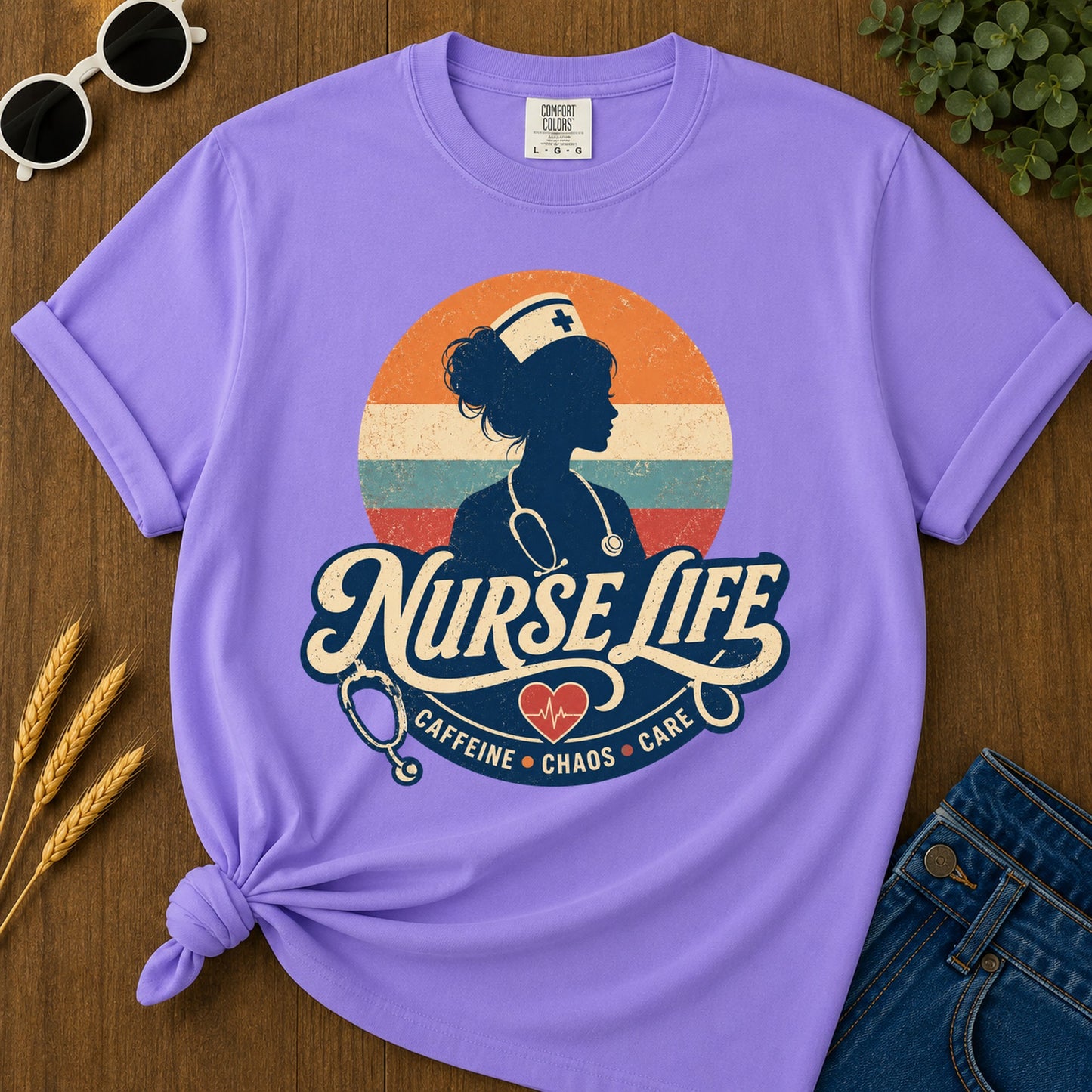 Nurse Life Caffeine Chaos Care T-Shirt - Violet Mockup