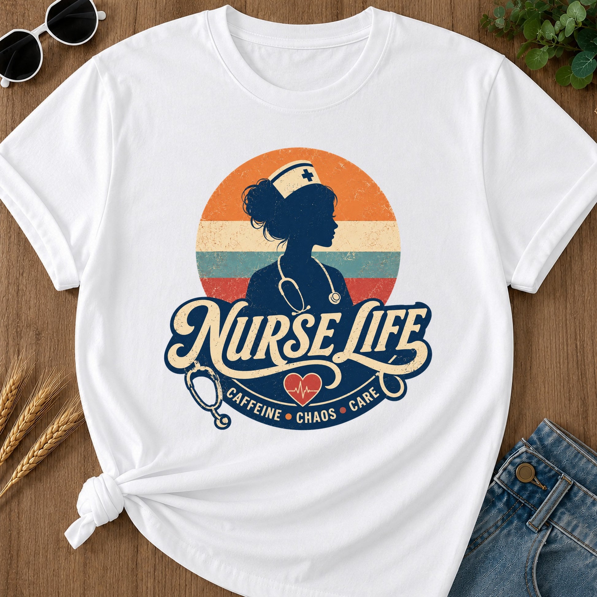 Nurse Life Caffeine Chaos Care T-Shirt - White Mockup