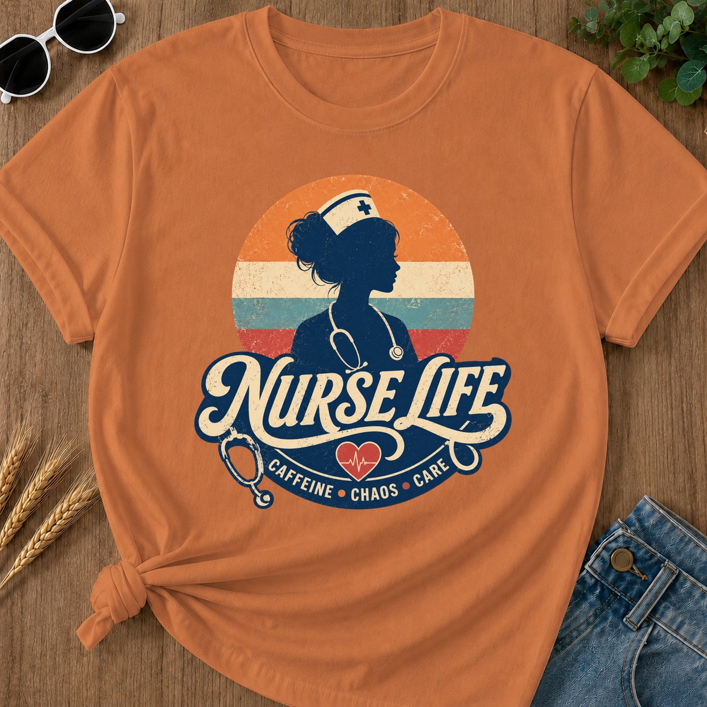 Nurse Life Caffeine Chaos Care T-Shirt - Yam Mockup