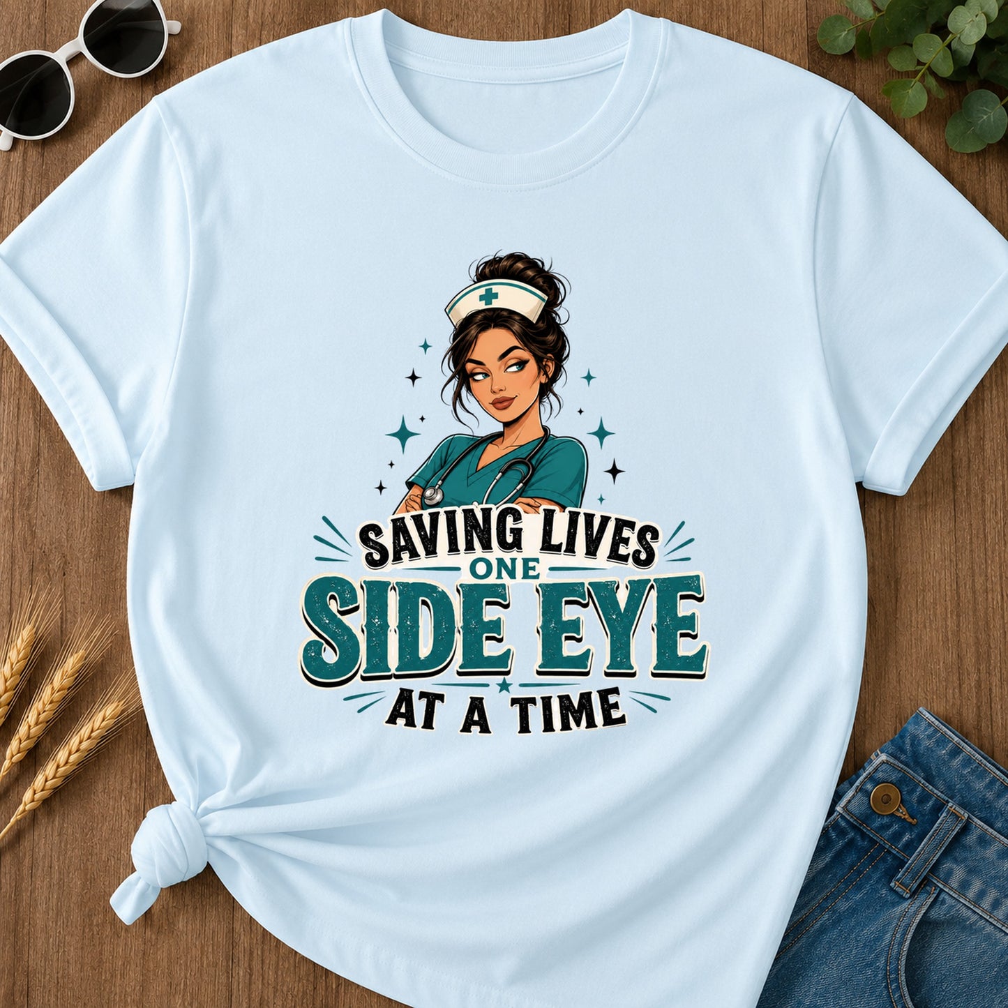 Saving Side Eye 2 T-Shirt - Chambray Mockup