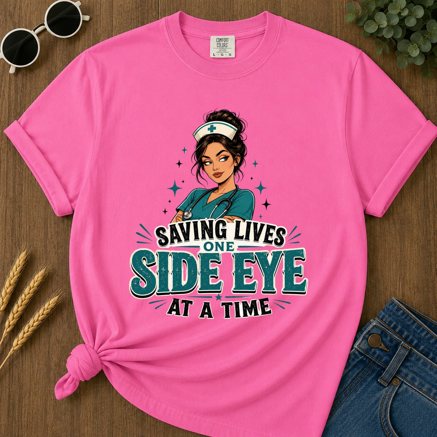 Saving Side Eye 2 T-Shirt - Neon Pink Mockup