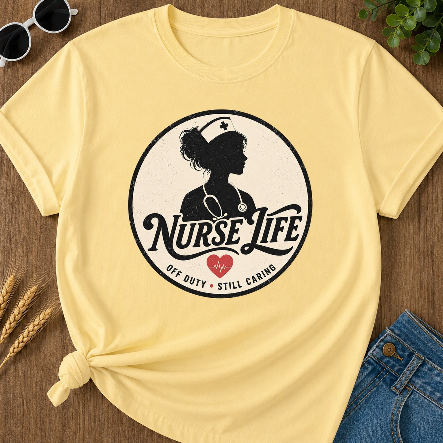 Nurse Life Off Duty Still Caring T-Shirt - Butter Mockup