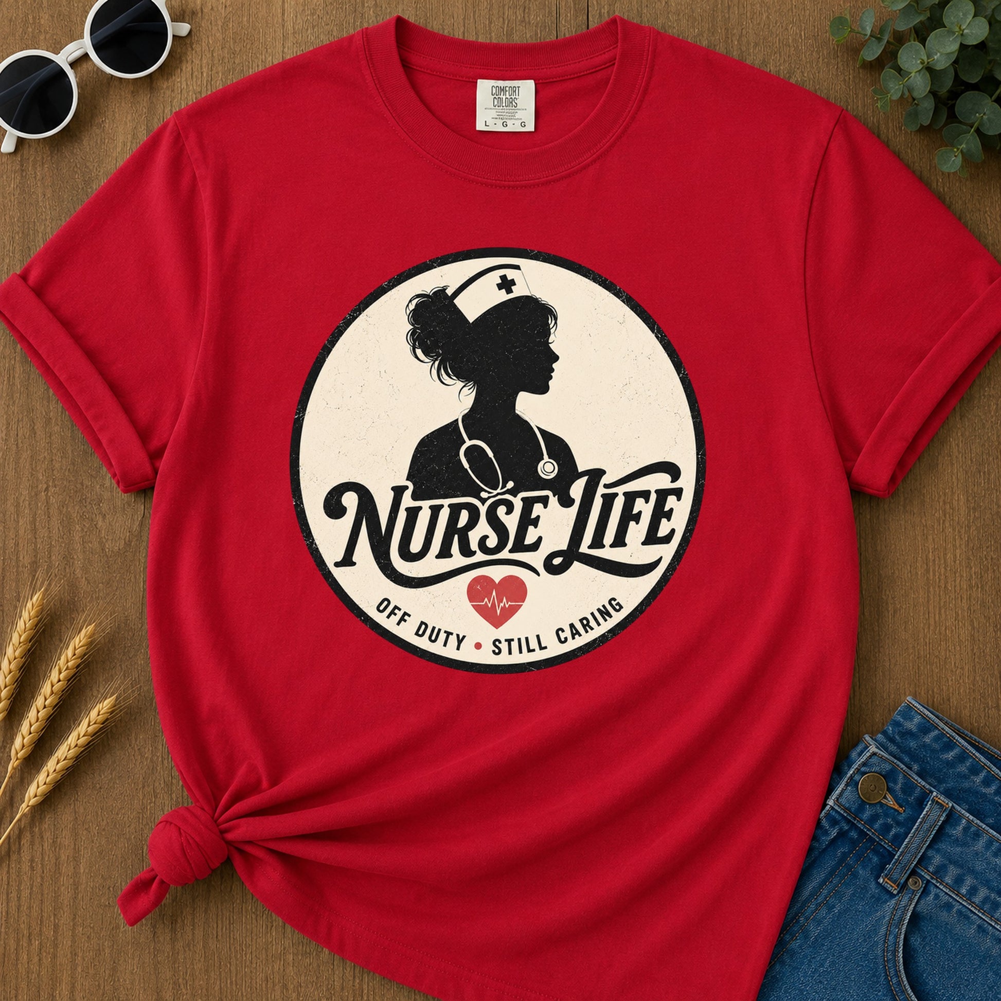 Nurse Life Off Duty Still Caring T-Shirt - Red Mockup
