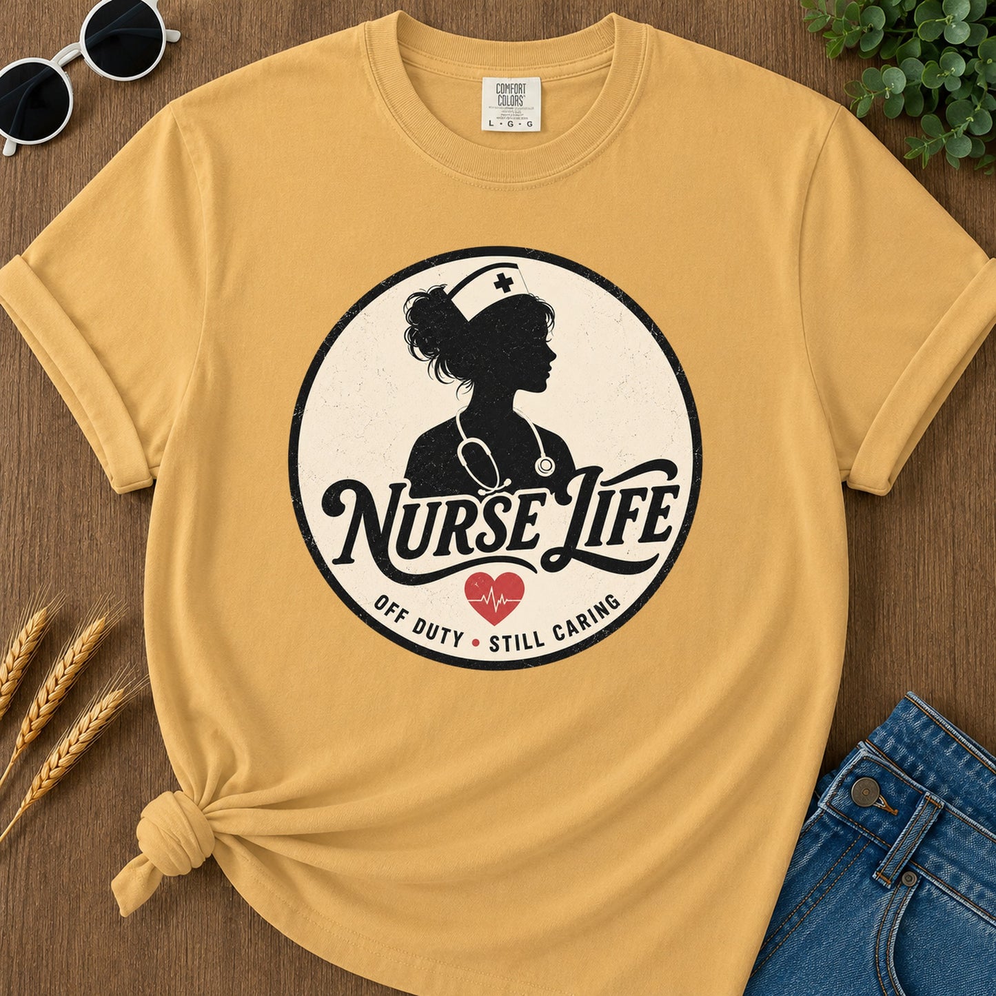 Nurse Life Off Duty Still Caring 292 T-Shirt - Mustard Mockup
