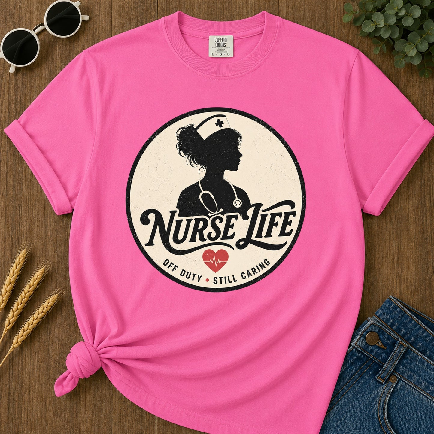 Nurse Life Off Duty Still Caring 292 T-Shirt - Neon Pink Mockup