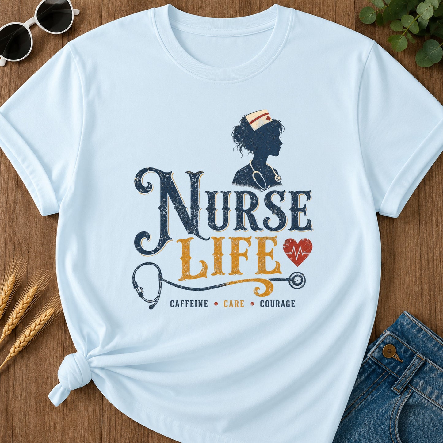 Caffeine Care Courage 302 T-Shirt - Chambray Mockup