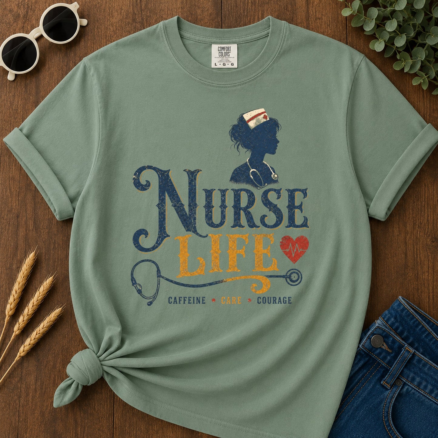 Caffeine Care Courage 302 T-Shirt - Light Green Mockup