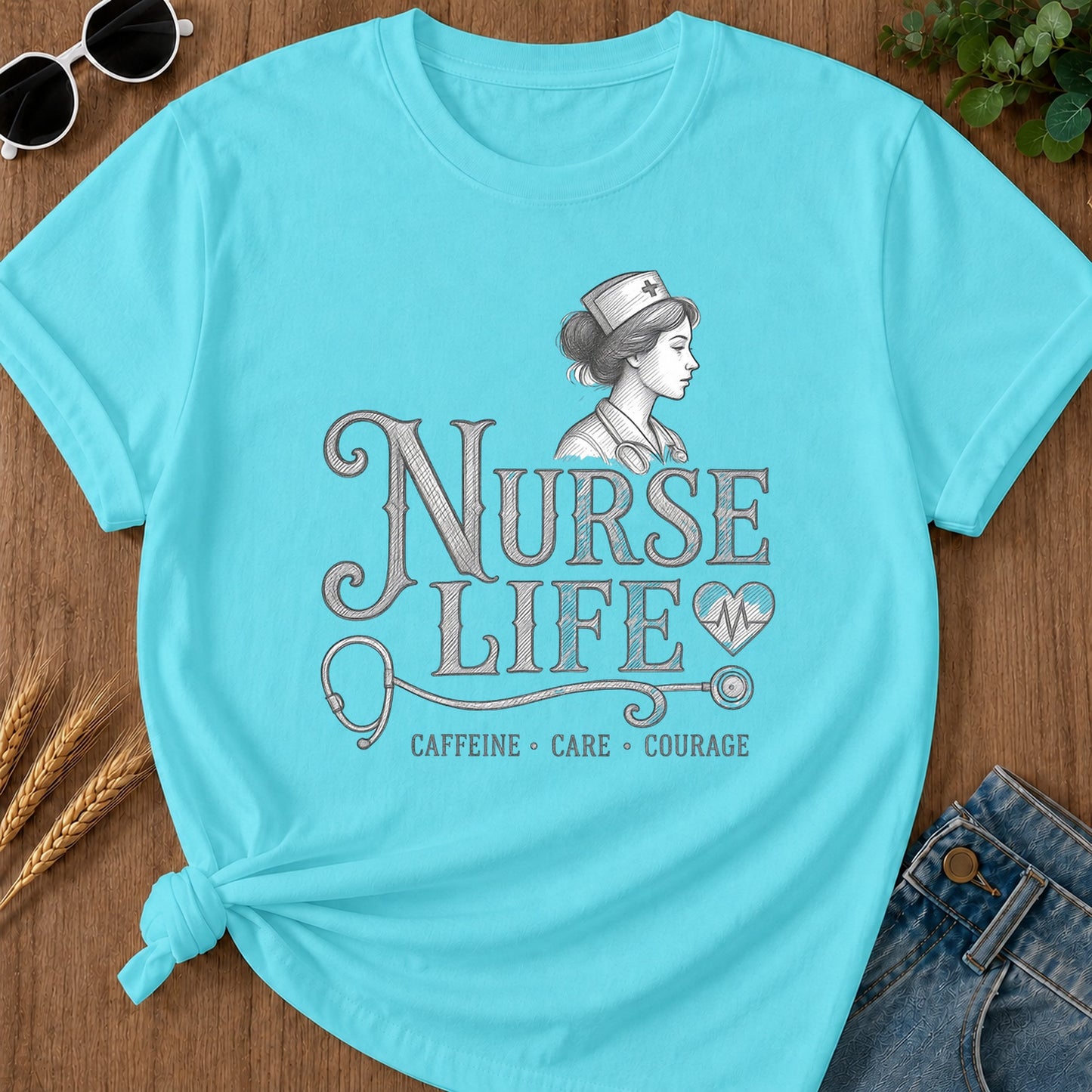 Caffeine Care Courage 303 T-Shirt - Lagoon Blue Mockup