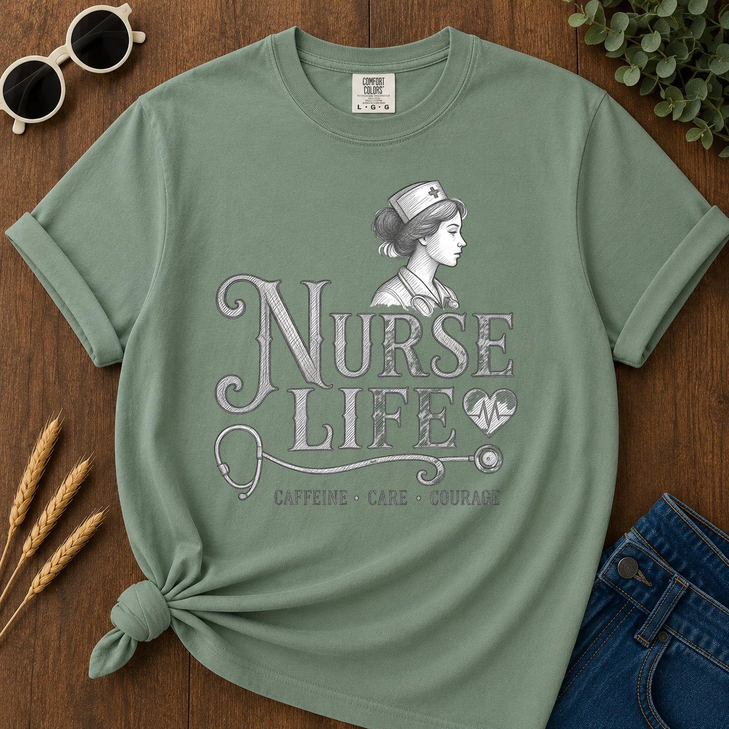Caffeine Care Courage 303 T-Shirt - Light Green Mockup