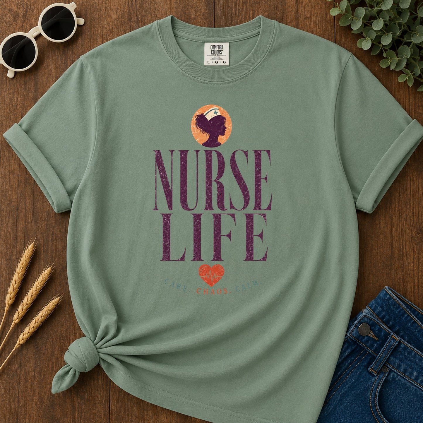 Nurse Life Care Chaos Calm T-Shirt - Light Green Mockup
