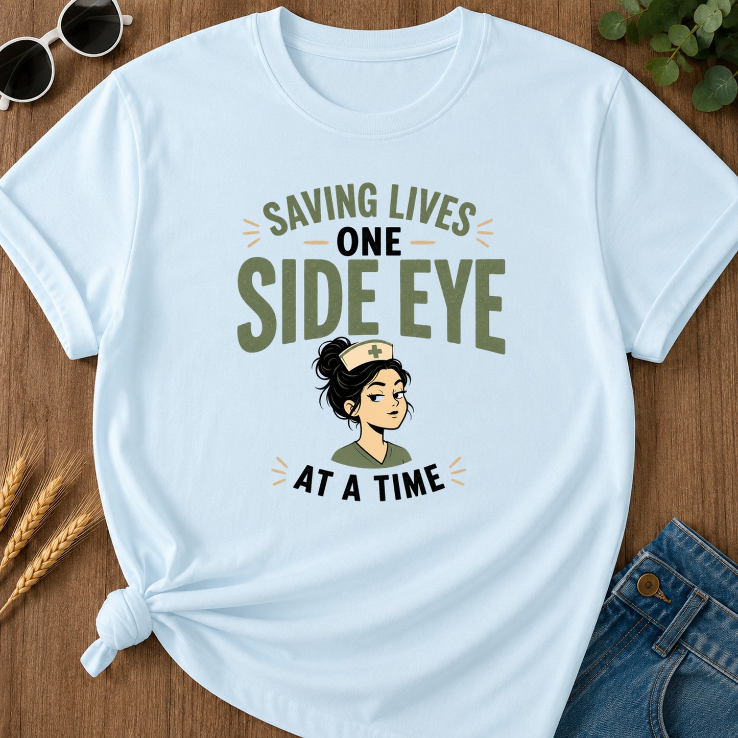 Saving Lives One Side Eye T-Shirt - Chambray Mockup