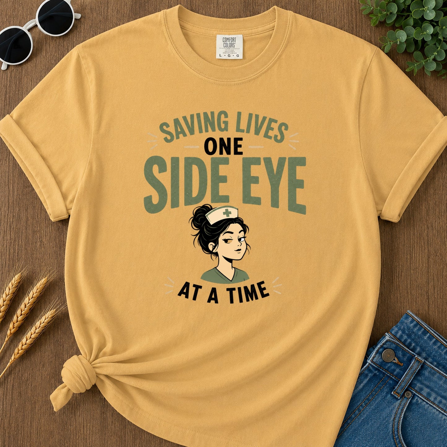 Saving Lives One Side Eye T-Shirt - Mustard Mockup