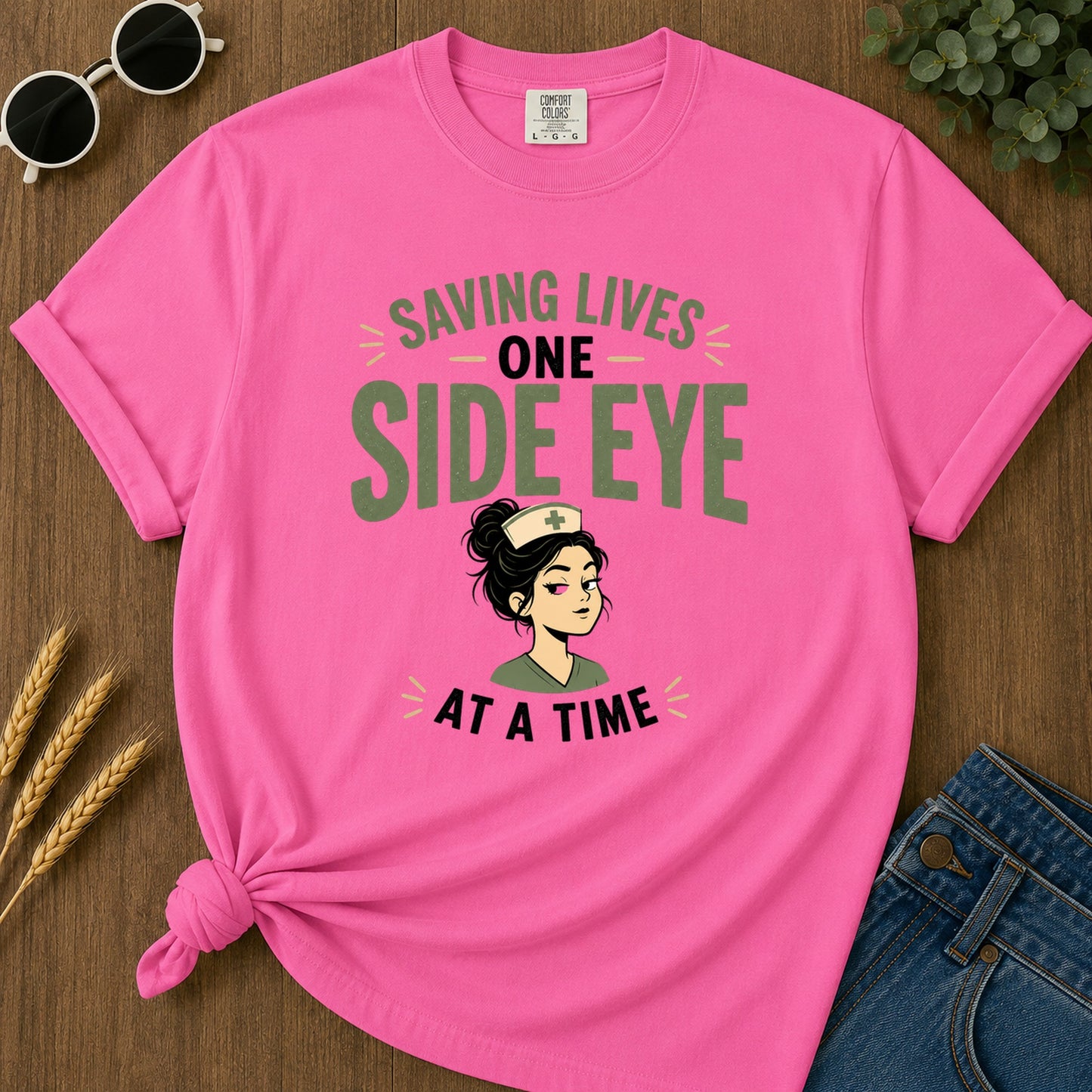 Saving Lives One Side Eye T-Shirt - Neon Pink Mockup