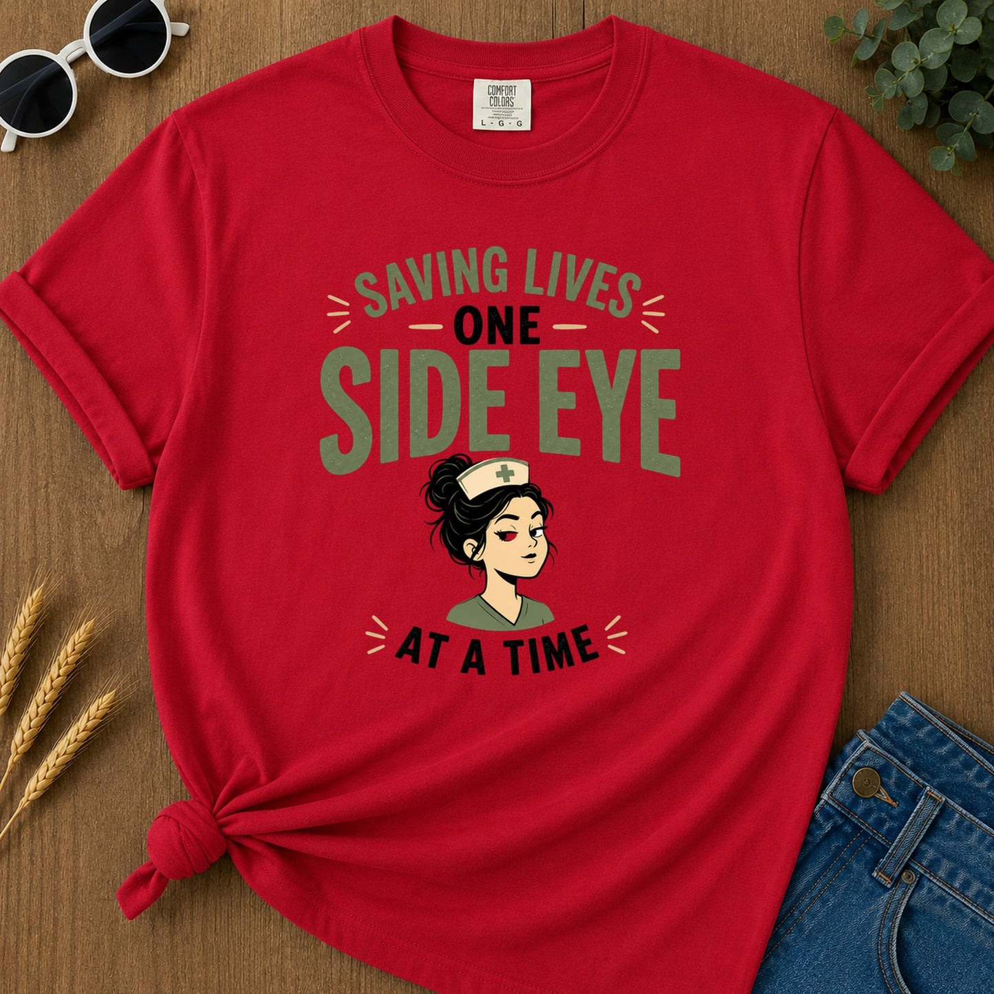 Saving Lives One Side Eye T-Shirt - Red Mockup