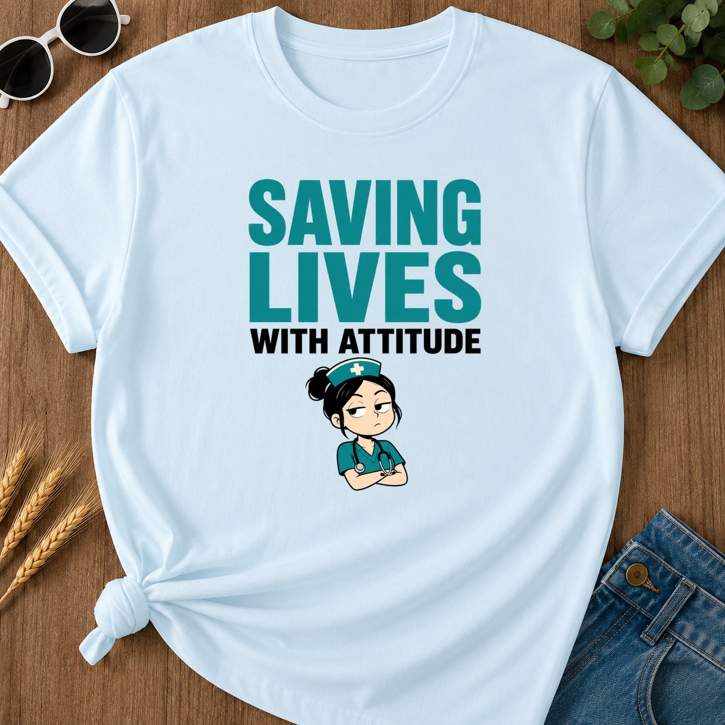 Saving Lives Attitude 308 T-Shirt - Chambray Mockup
