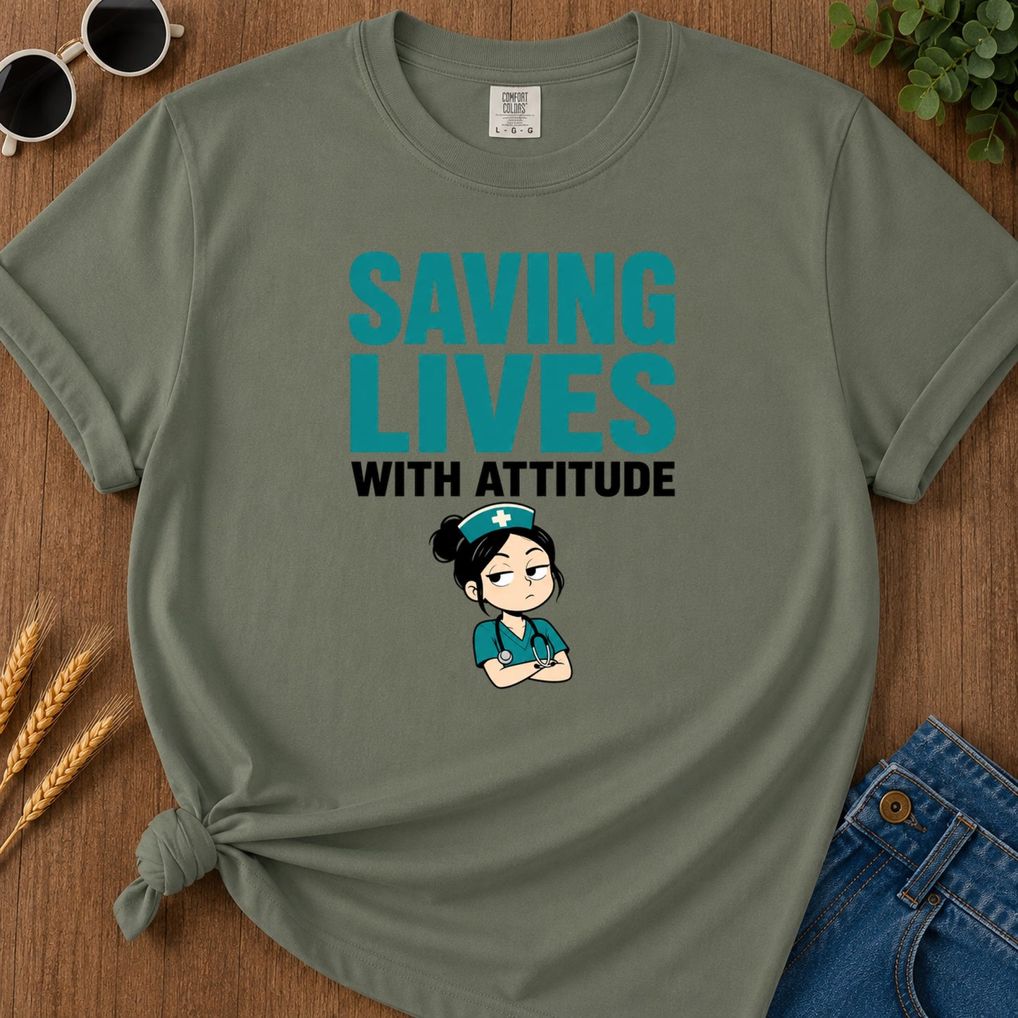 Saving Lives Attitude 308 T-Shirt - Moss Mockup