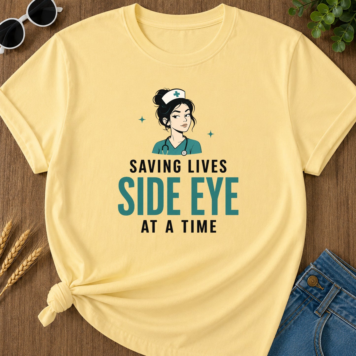 Saving Lives Side Eye Time T-Shirt - Butter Mockup