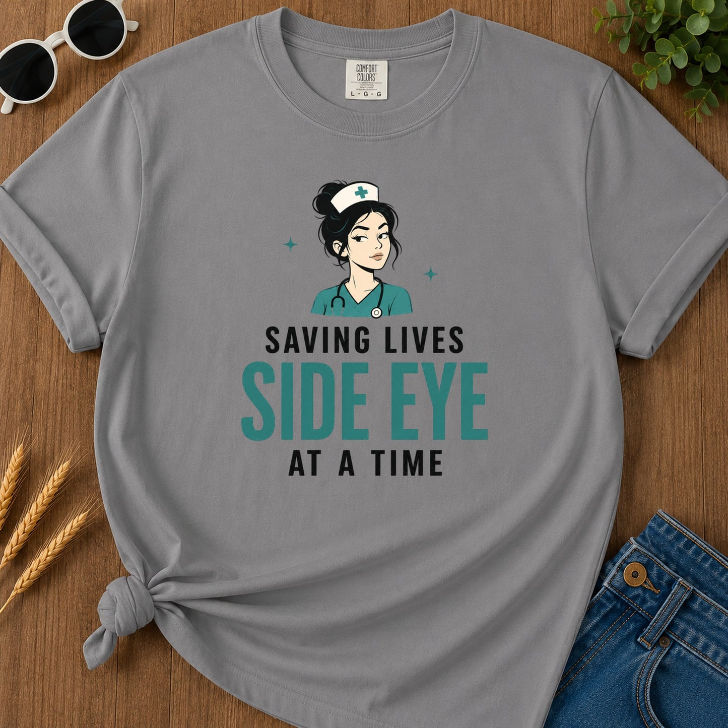 Saving Lives Side Eye Time T-Shirt - Grey Mockup