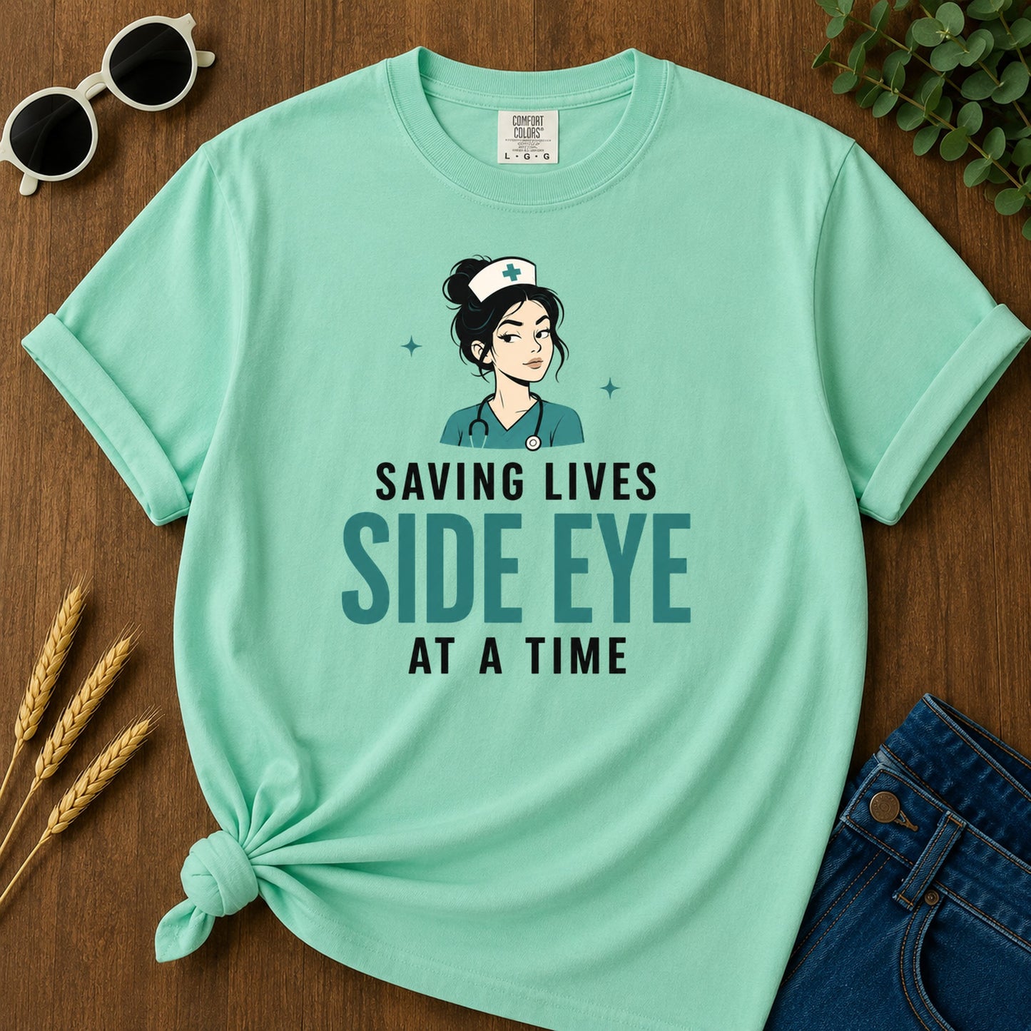 Saving Lives Side Eye Time T-Shirt - Island Reef Mockup