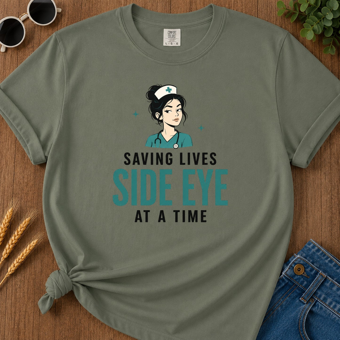 Saving Lives Side Eye Time T-Shirt - Moss Mockup