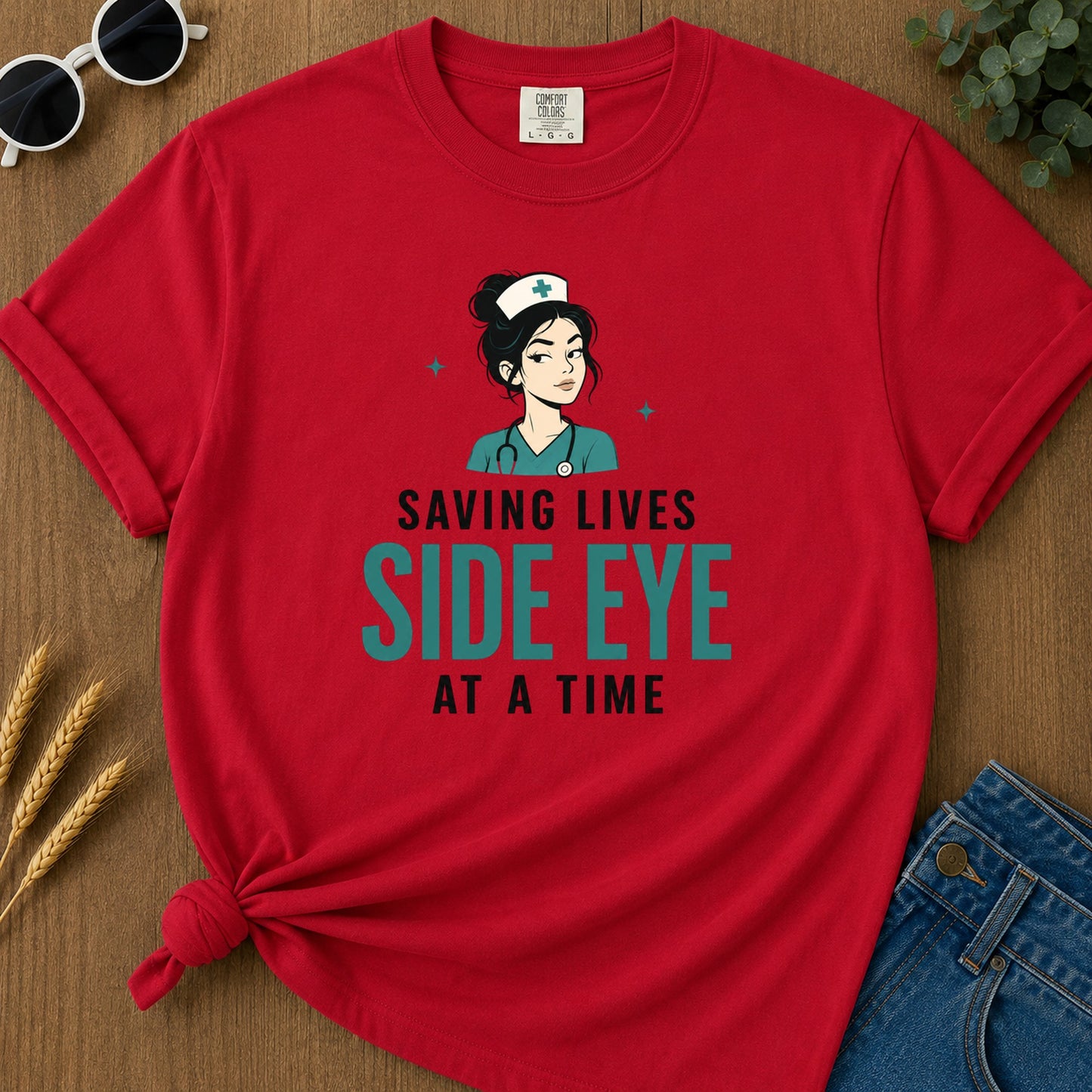 Saving Lives Side Eye Time T-Shirt - Red Mockup