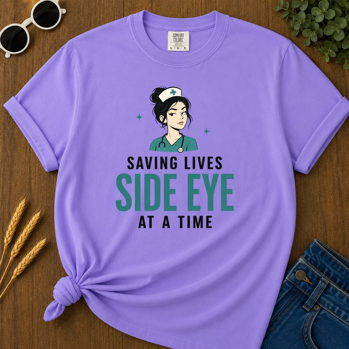 Saving Lives Side Eye Time T-Shirt - Violet Mockup