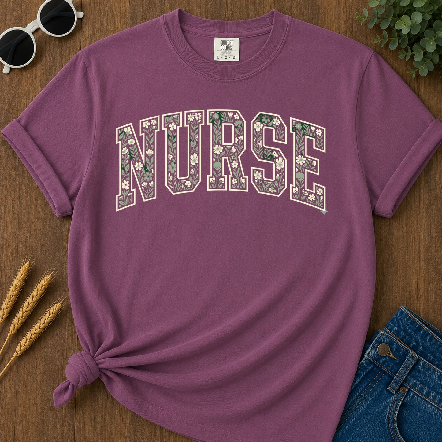 Nurse Floral Green T-Shirt - Berry Mockup