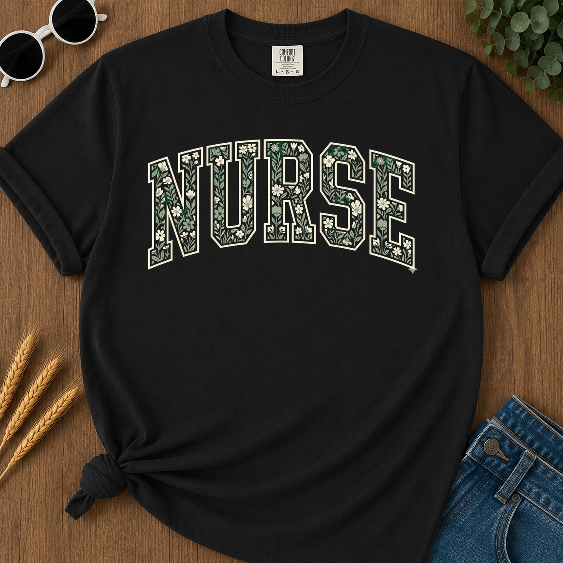 Nurse Floral Green T-Shirt - Black Mockup
