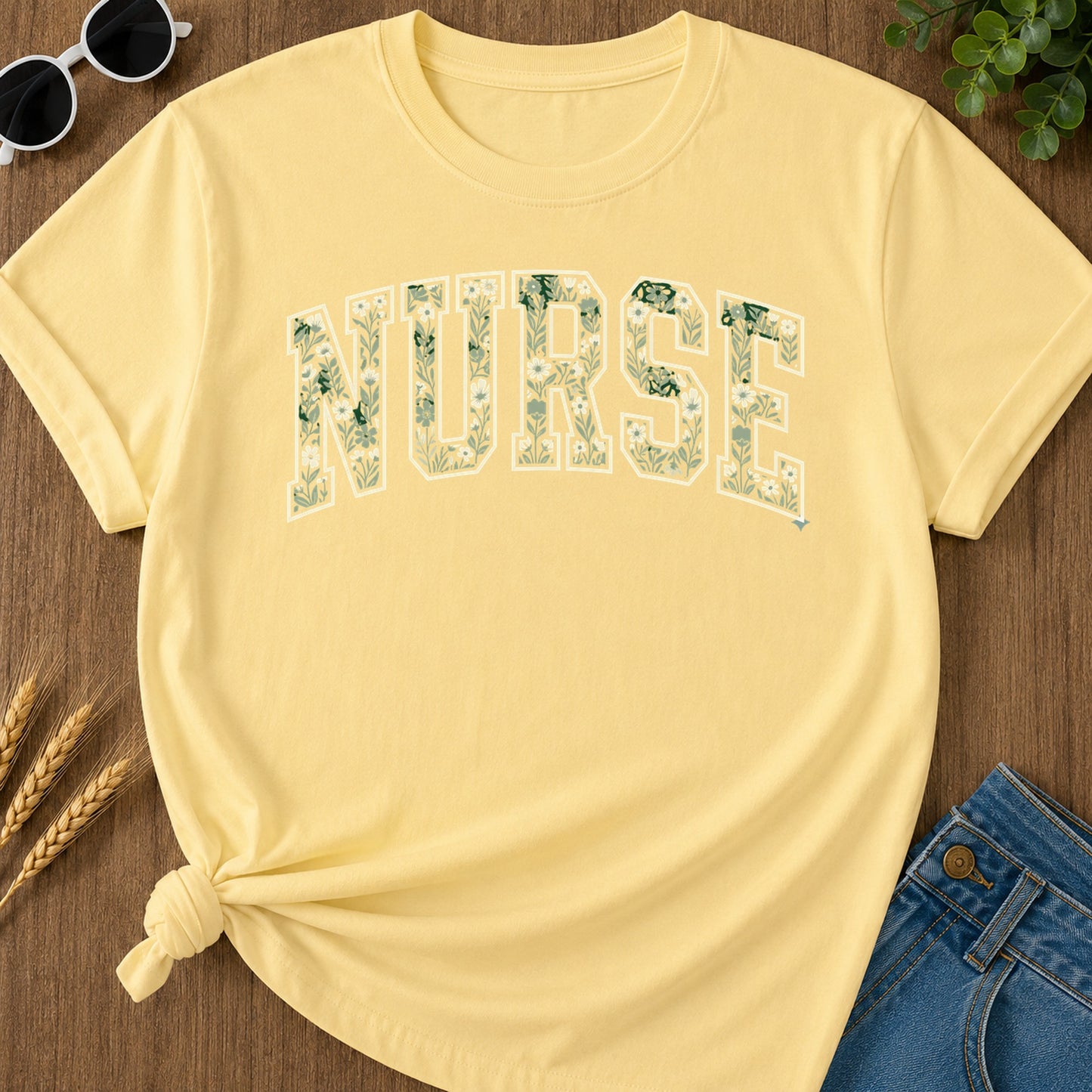 Nurse Floral Green T-Shirt - Butter Mockup