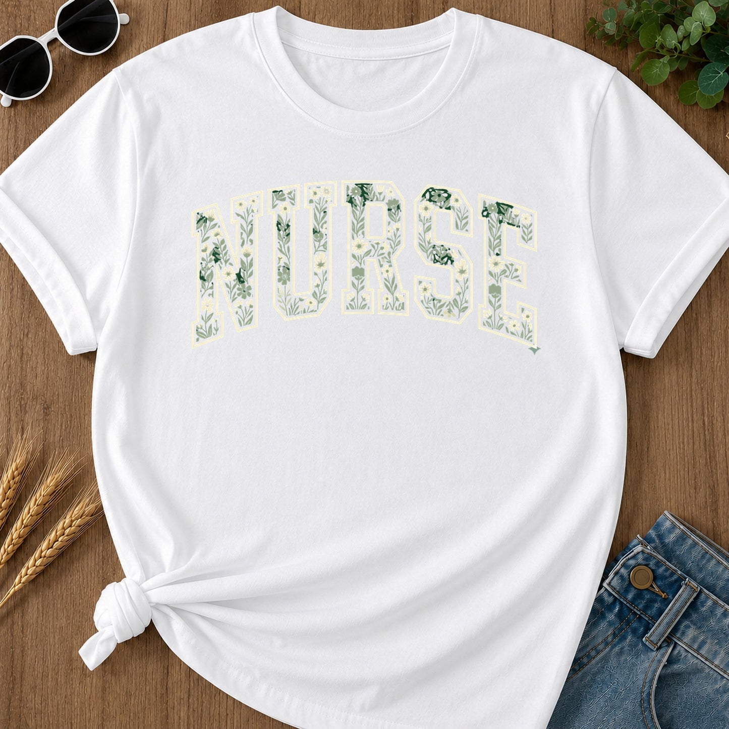 Nurse Floral Green T-Shirt - White Mockup