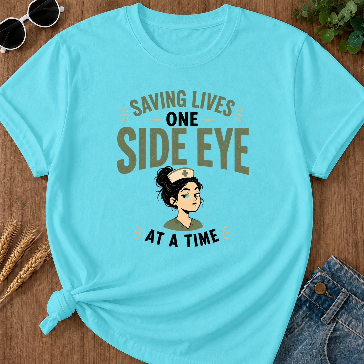 Saving Side Eye T-Shirt - Lagoon Blue Mockup