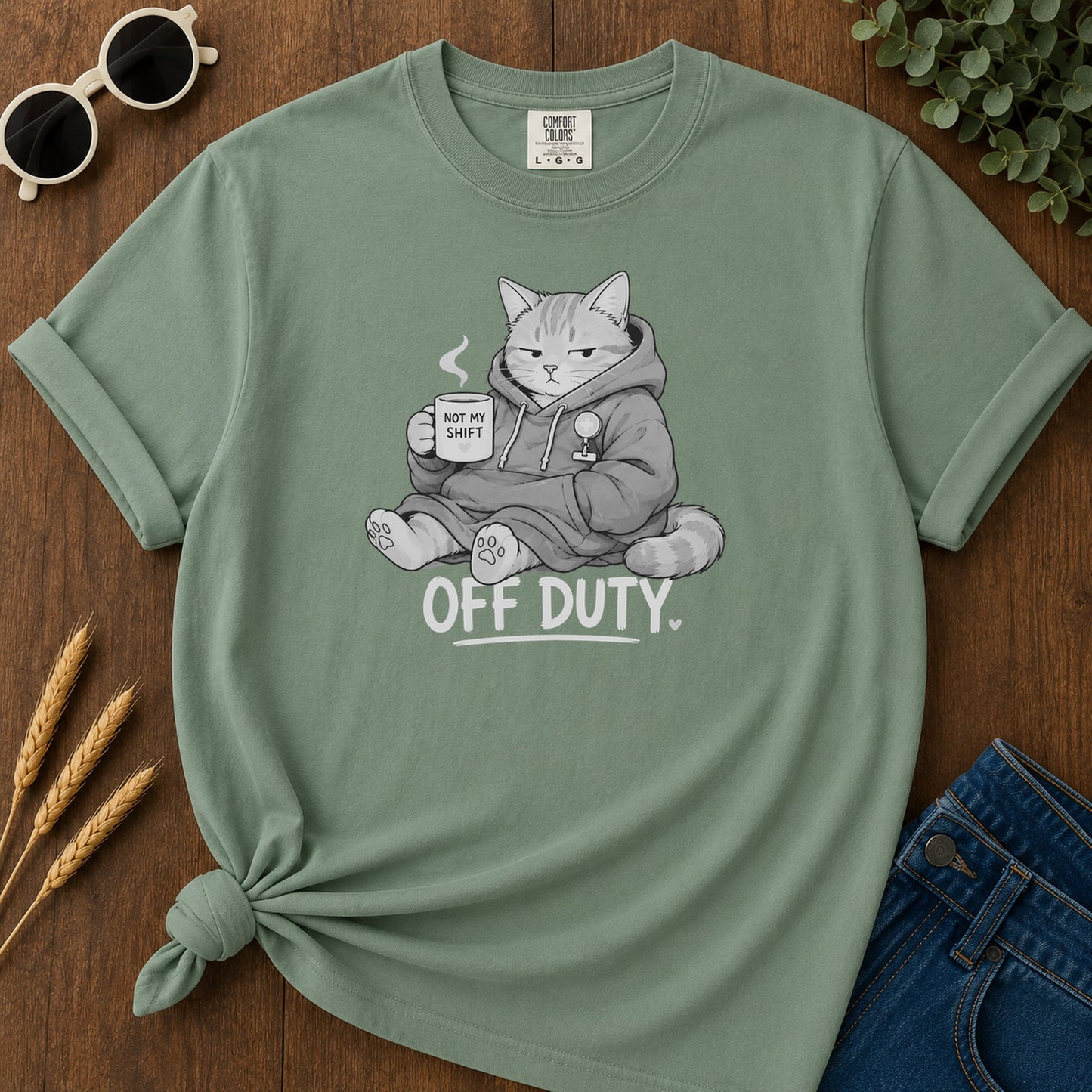 Off Duty Cat 321 T-Shirt - Light Green Mockup