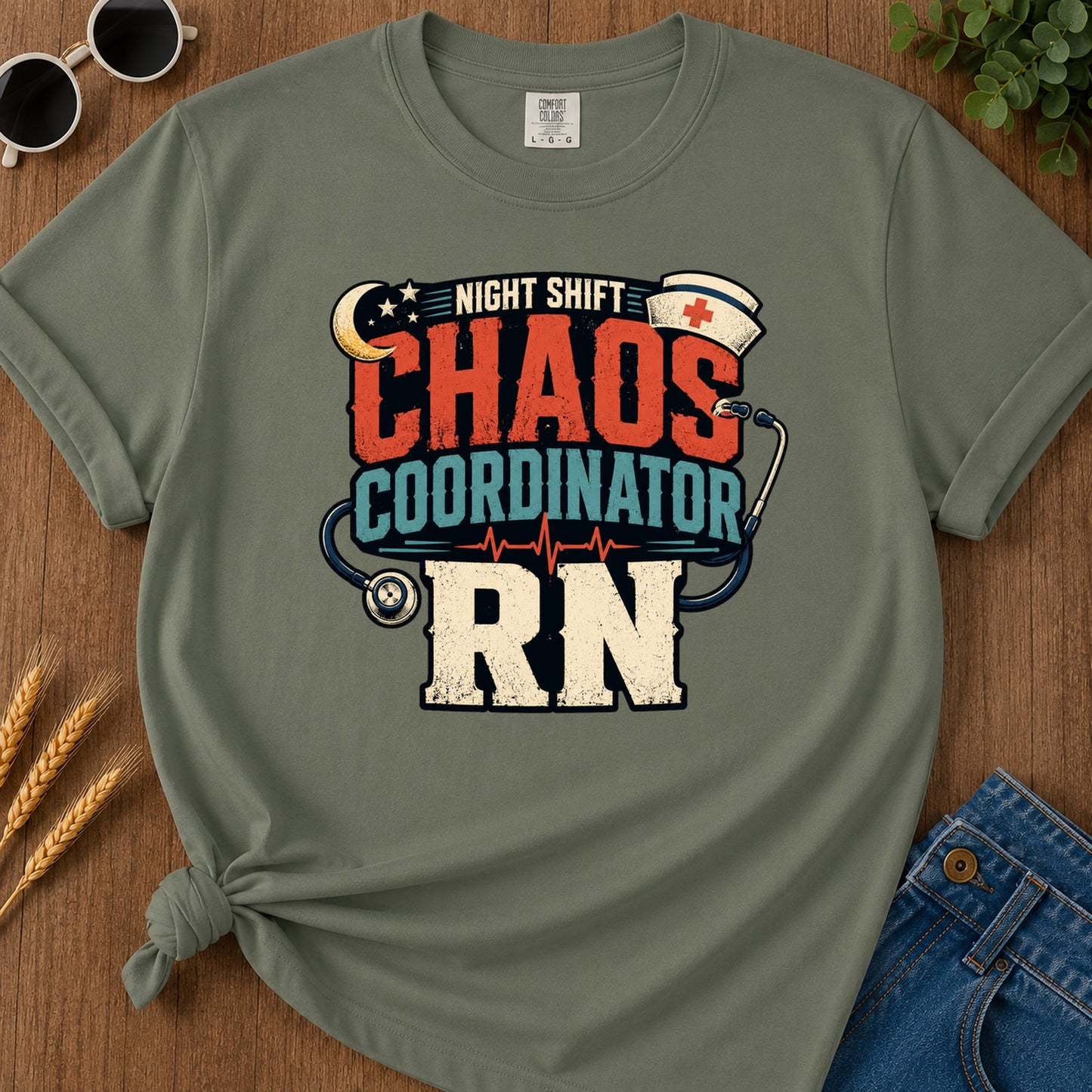 Night Shift Chaos 2 T-Shirt - Moss Mockup