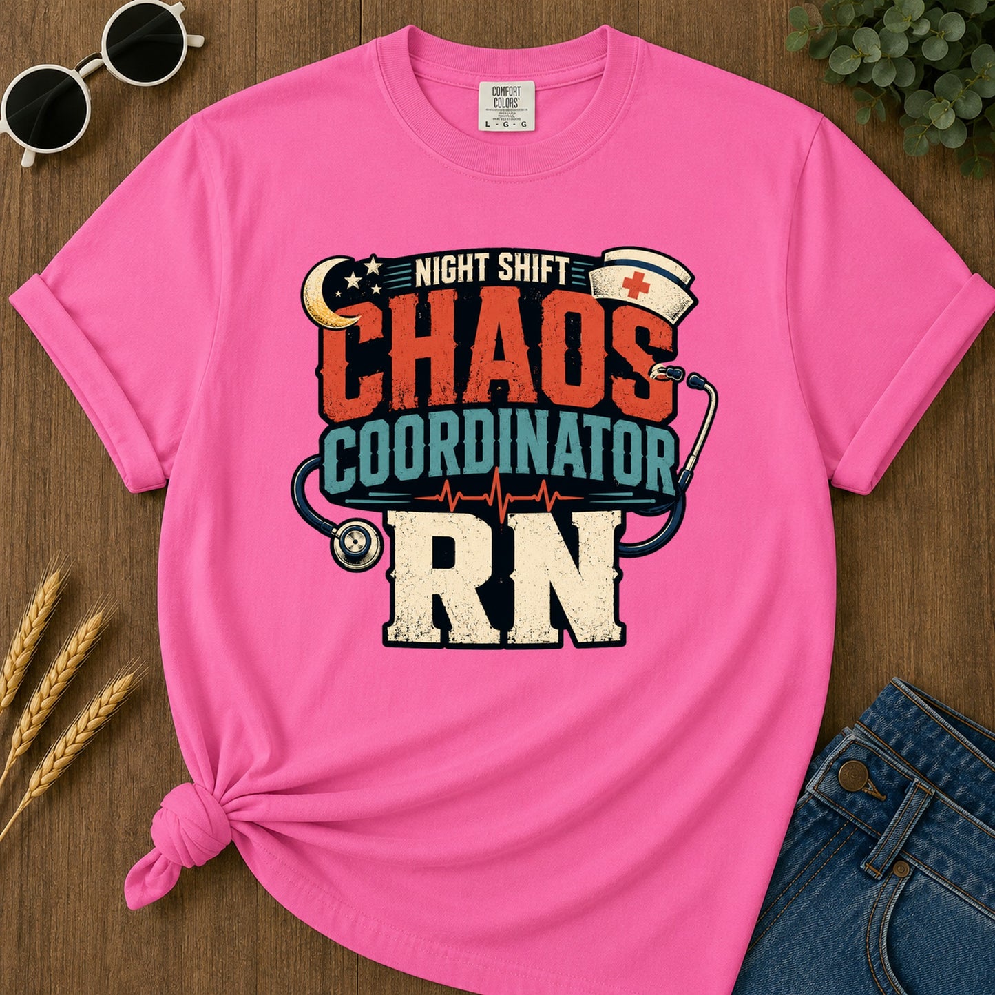 Night Shift Chaos 2 T-Shirt - Neon Pink Mockup