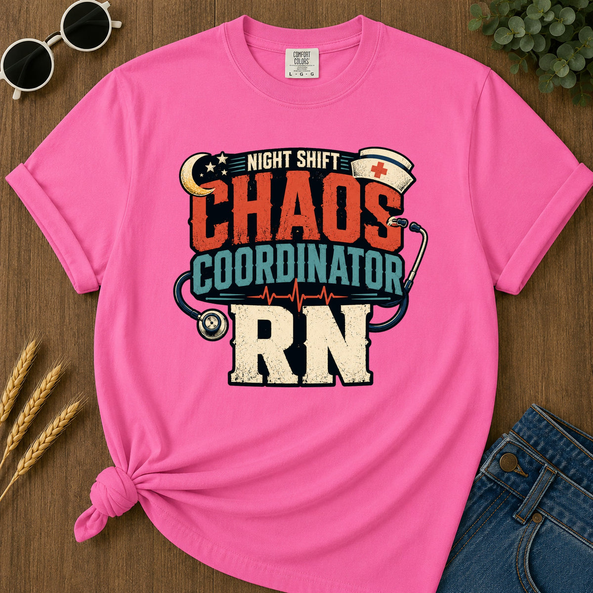 Night Shift Chaos 2 T-Shirt - Neon Pink Mockup