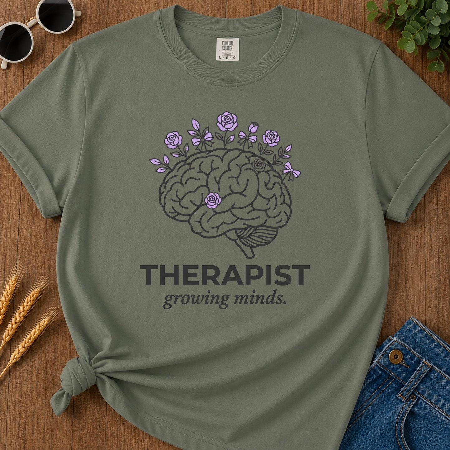 Therapist Growing Minds T-Shirt - Moss Mockup