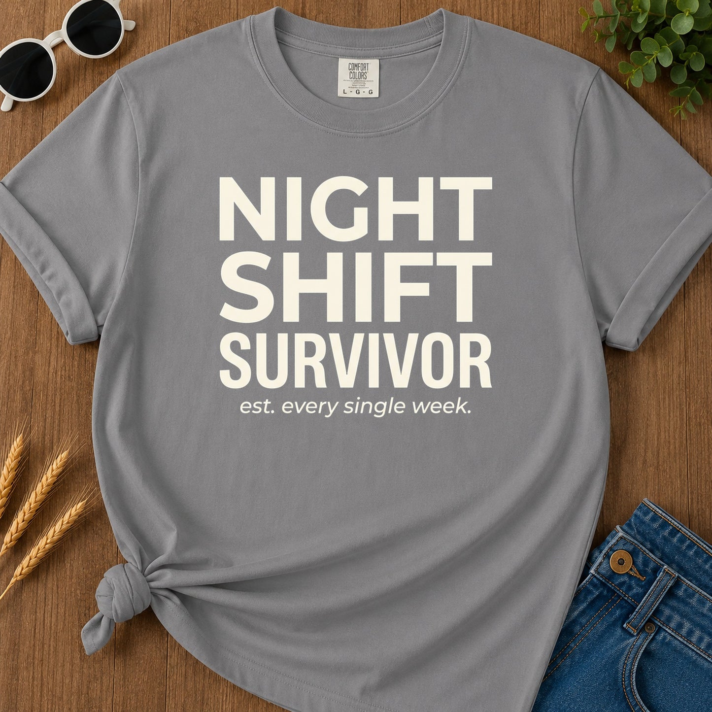 Night Shift Survivor T-Shirt - Grey Mockup