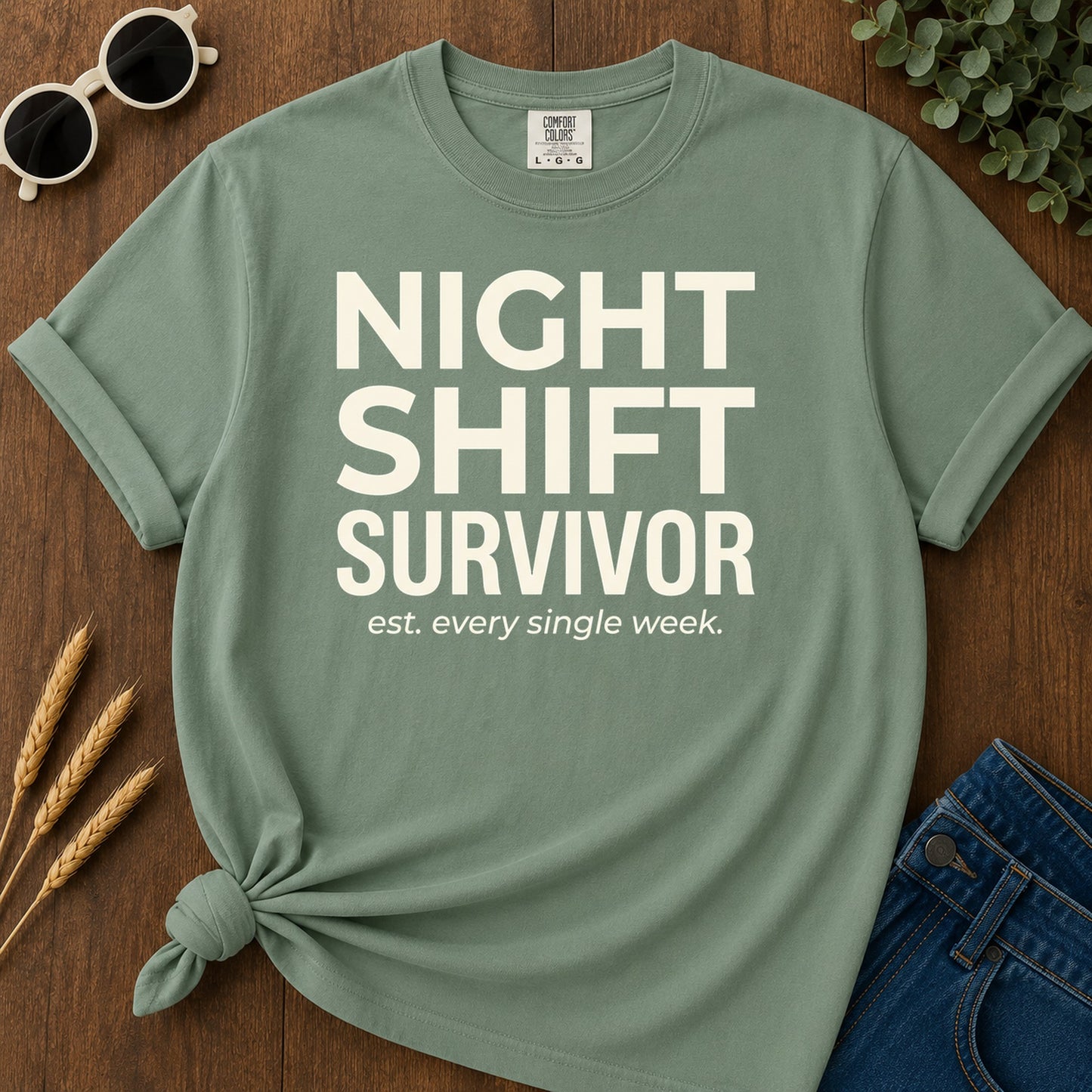 Night Shift Survivor T-Shirt - Light Green Mockup