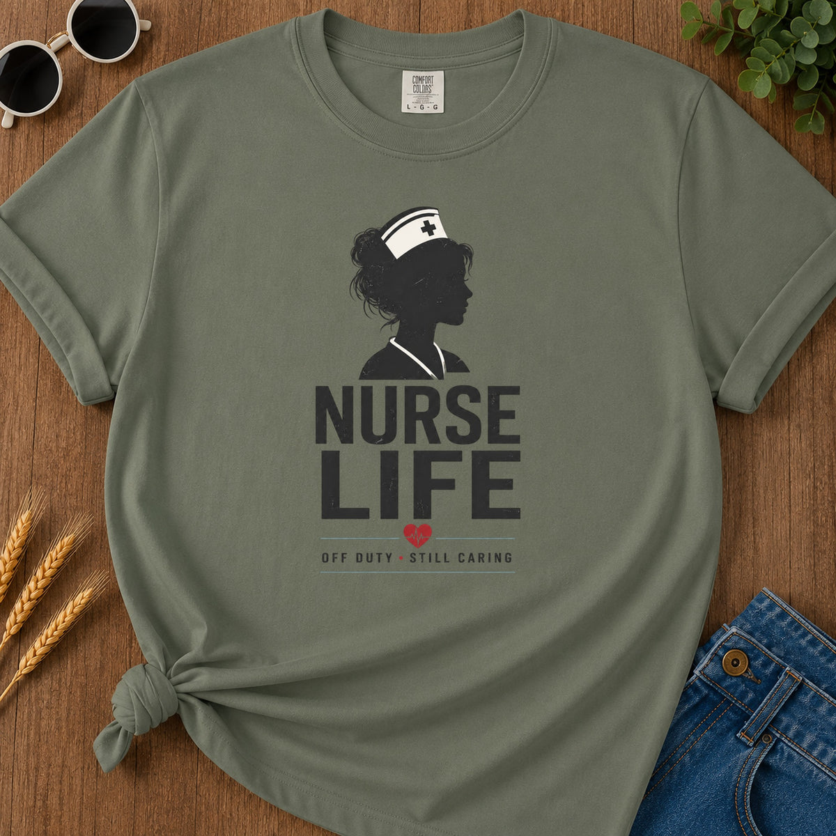 Off Duty Caring T-Shirt - Moss Mockup