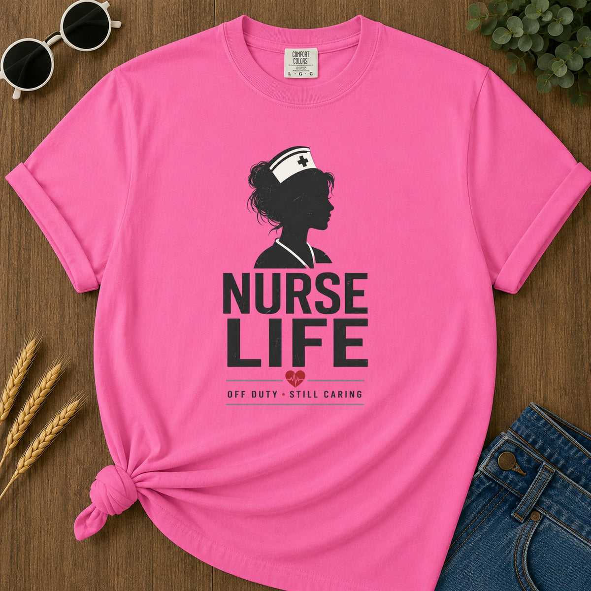 Off Duty Caring T-Shirt - Neon Pink Mockup