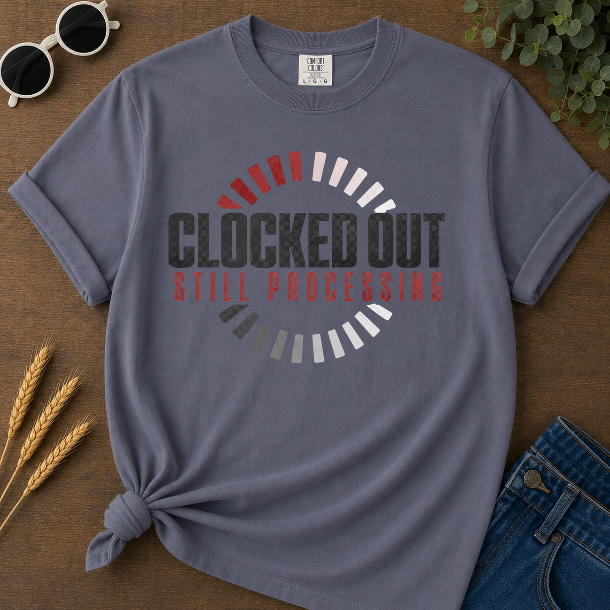 Clocked Out Still Processing T-Shirt - Navy Mockup