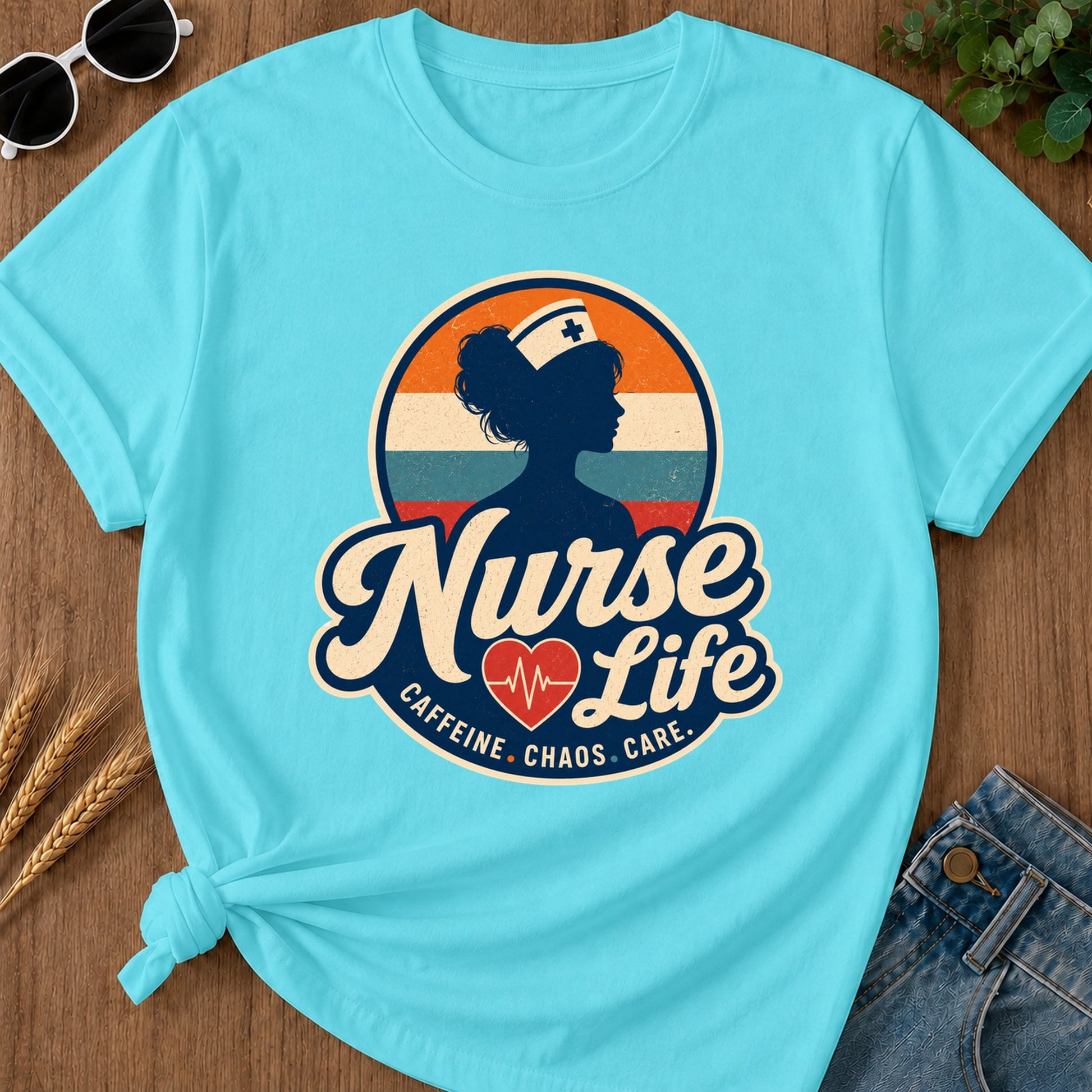 Caffeine Chaos Care T-Shirt - Lagoon Blue Mockup