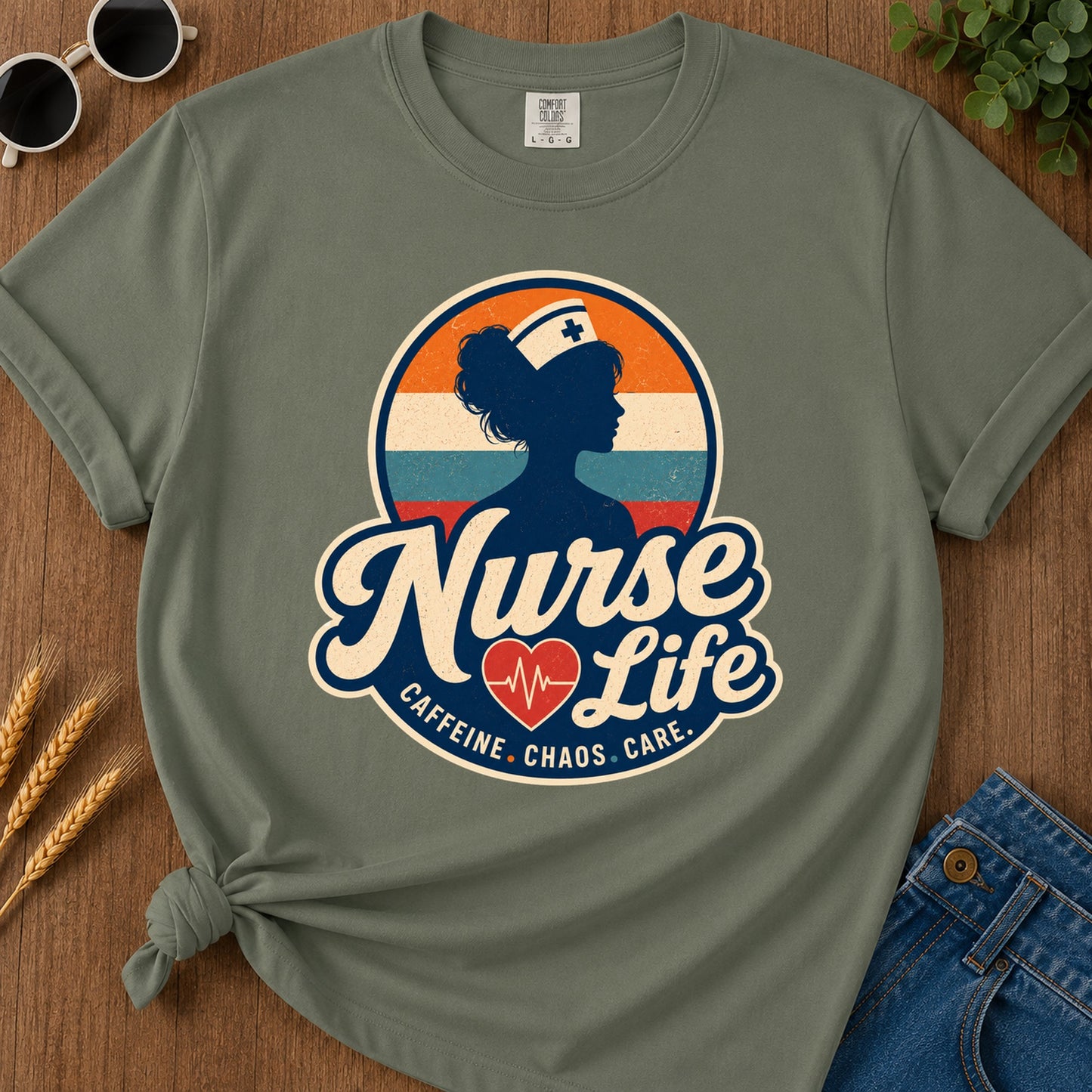 Caffeine Chaos Care T-Shirt - Moss Mockup