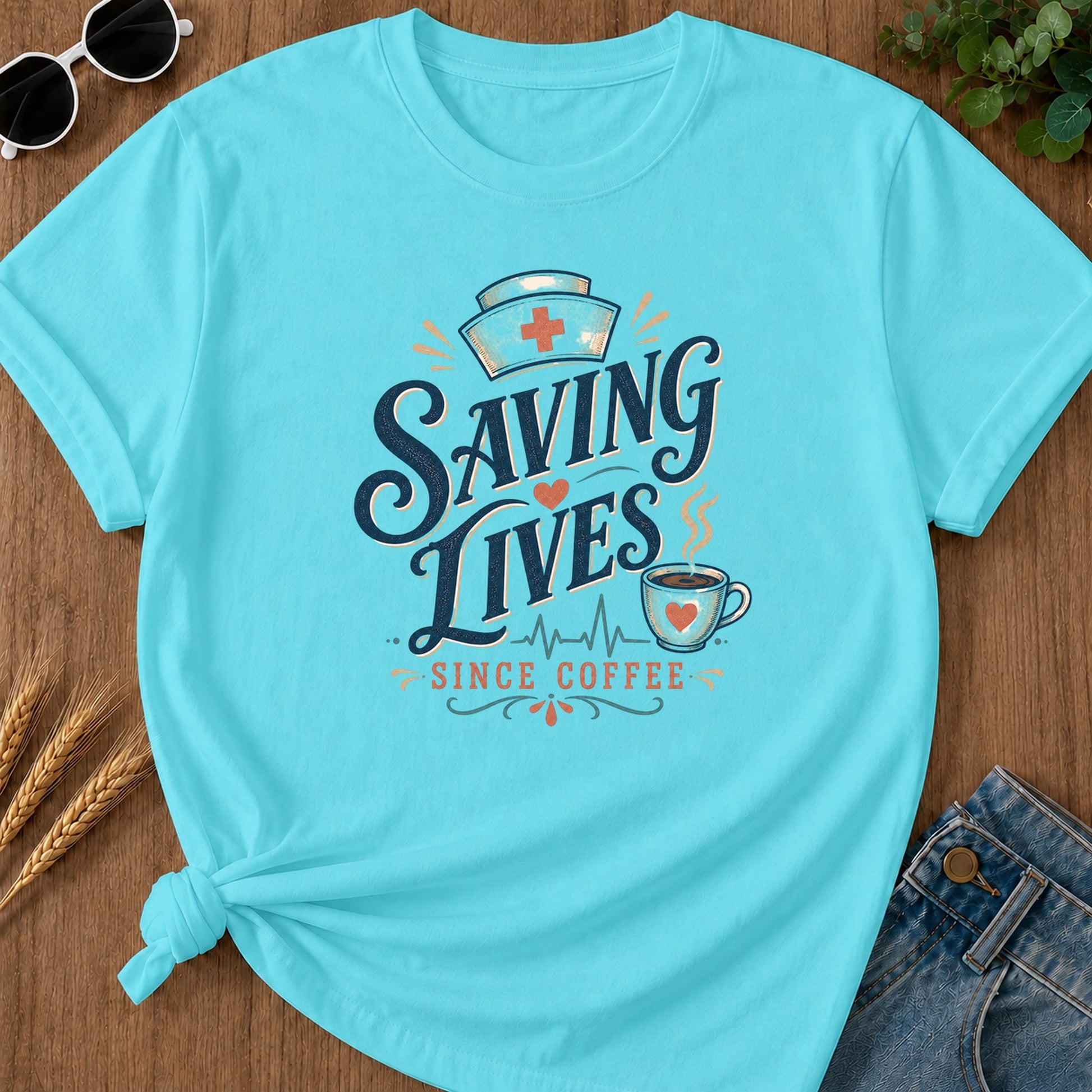 Saving Lives Since Coffee T-Shirt - Lagoon Blue Mockup