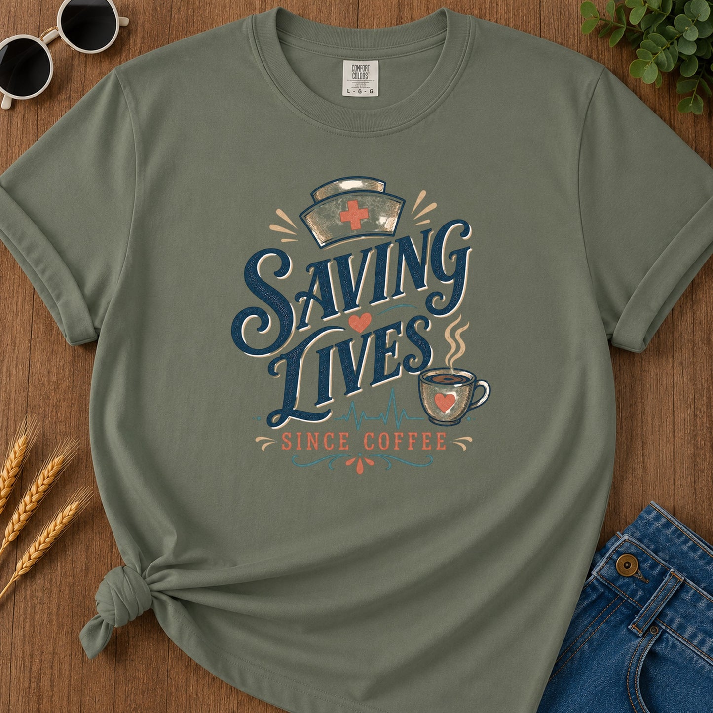 Saving Lives Since Coffee T-Shirt - Moss Mockup